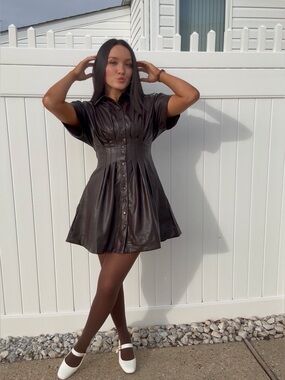 NWT $198 Anthropologie x Exquise Tobie Faux Leather Chocolate Mini Shirt Dress L